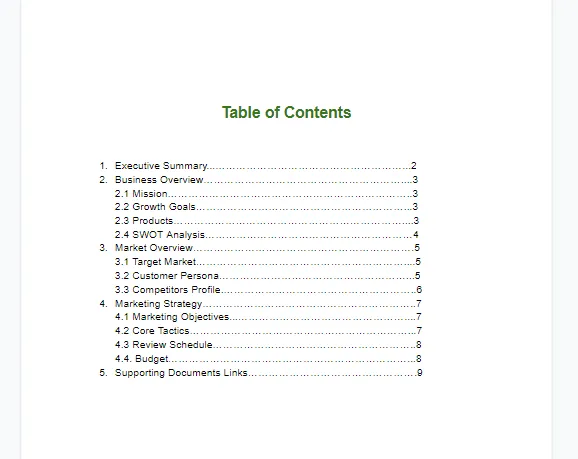 Marketing Plan_Table of Contents