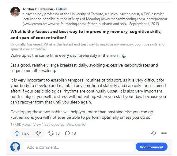 Jordan Petersons Quora answer on improving memory and concentration