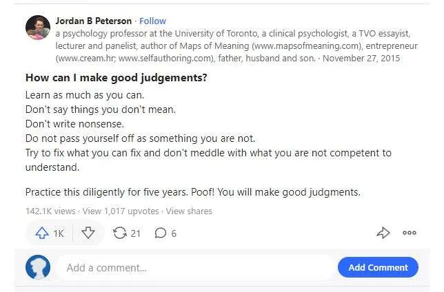 Jordan Petersons Quora answer on making good judgement