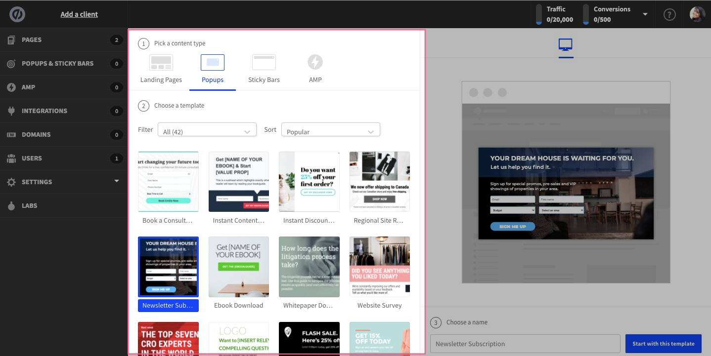 select popup template unbounce demo and tutorials